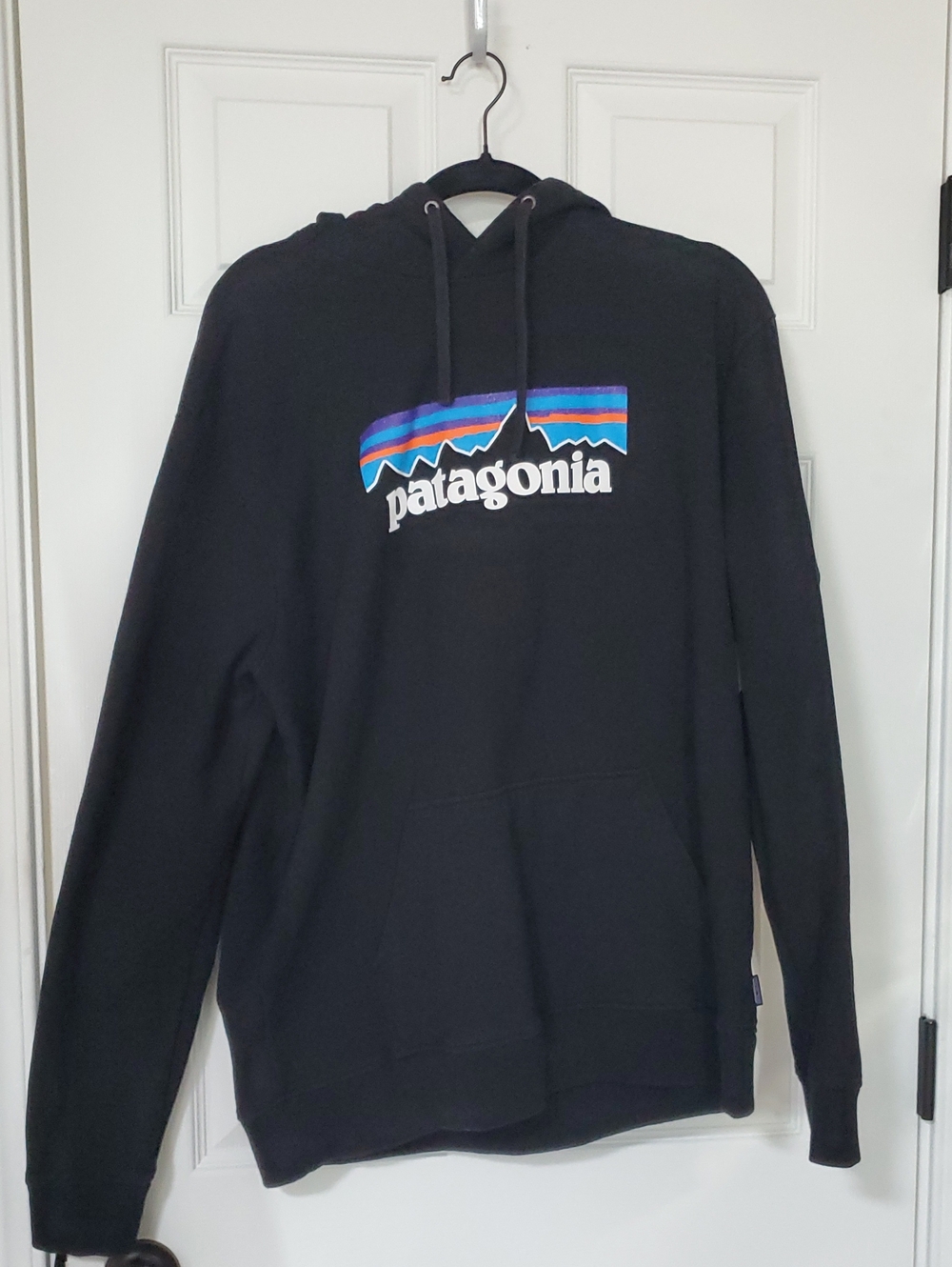 Patagonia Black Hoodie with Multicolor Mountain Logo